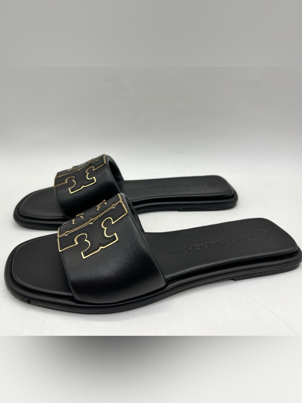 Tory Burch Double T Sport Slide Black Gold Leather Sandals Size 11 - Picture 2 of 15